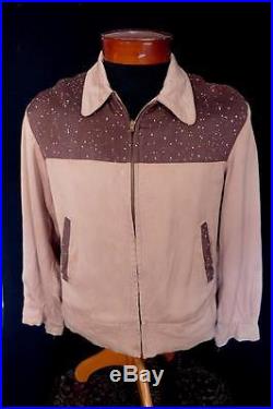 Vintage 1950's Light Brown Printed Rayon Gabardine Zipper Jacket Sz Small