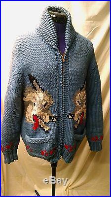 Vintage 1950’s Mary Maxim Cowichan Wolf Sweater, Blue, Mens M/L, by Ann Tolleson