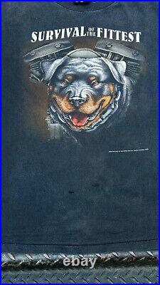 Vintage 1990's 3D Emblem Survival of The Fittest Rottweiler Big Dog Biker Tee XL