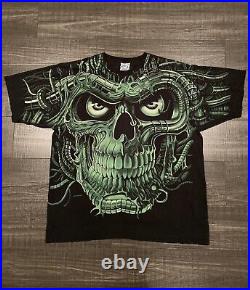 Vintage 1998 Liquid Blue Terminator Skull All Over Print T-Shirt Mens XL