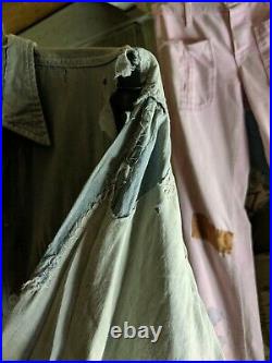 Vintage 30s 40s Calf Skin Denim Chambray Distressed Work Chore Shirt repairs