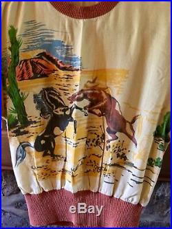 Vintage 40's-50's Gaberdine Rayon Wild Horses Printed Pullover Collectable Shirt