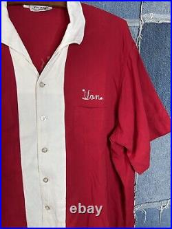 Vintage 60's King Louie Flock Chain Stitch Bowling Shirt Large Red XL Rayon