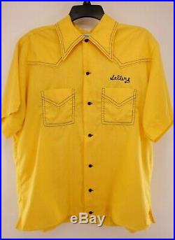 Vintage 60s 70s Hilton Large Yellow Embroidered Bowling Rockabilly Retro Shirt
