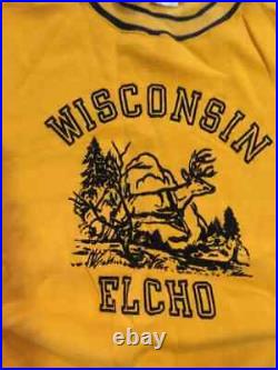 Vintage 60s Double Ringer Flocked Elcho Wisconsin Sweat Shirt Short Sleeve LG