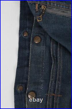 Vintage 60s Roebucks Denim Pleated Jean Jacket Dark Indigo Zipper Pocket Coat