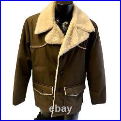 Vintage 70's Brown Cowboy Western Fleece Sherpa Lined Coat Rancher Work Jacket L