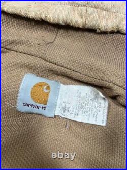 Vintage 80s Carhartt Thermal Canvas Lined Hooded Bomber Jacket Size Large Beige