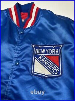 Vintage 80s New York Rangers NHL Stitched Starter Satin Jacket Size Large Blue