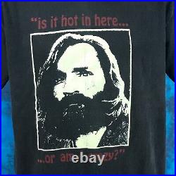 Vintage 90s CHARLES MANSON IS IT HOT IN HERE GLOW IN THE DARK T-Shirt L murder