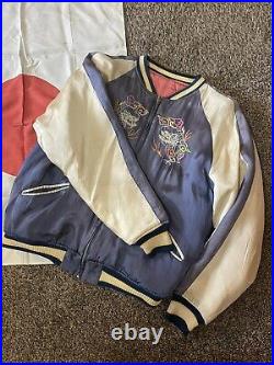 Vintage 90s Reversible Silk Embroidered Souvenir Bomber Jacket And Original Flag