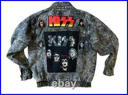 Vintage Acid Stone Wash Denim Jacket Kiss Patch Rock Band 80s 90s Metal M