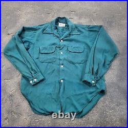 Vintage Airman Gabardine Loop Collar Shirt Mens Large Blue Rockabilly Western
