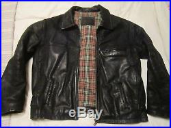 Vintage Black Leather Highwayman Jacket, Large, Checked Blanket Lining, Rockabilly