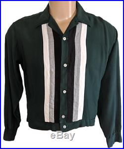 Vintage CAMPUS Green Mens Shirt Jac 60s Striped USA Rockabilly Button Front L