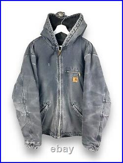 Vintage Carhartt Sherpa Lined Canvas Work Wear Hooded Detroit Jacket Size Large