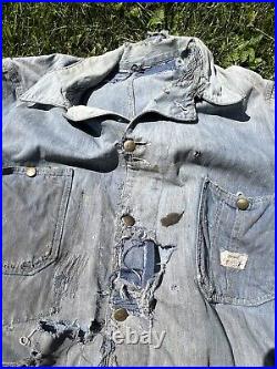 Vintage Denim 60's Jacket Chore Coat Sears Distressed Damaged Mended Faded XL
