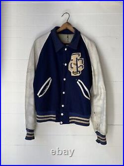 Vintage Leather Varsity Football Letterman Jacket Chainstitched Chenille Patch