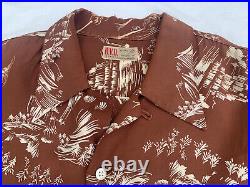 Vintage Mens 1940's Rayon Shirt Print Long Sleeve Brown XL EXTRA LARGE