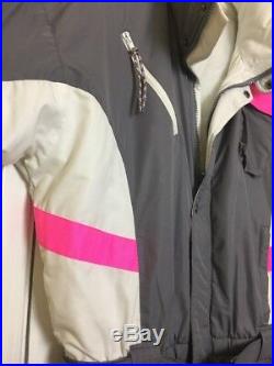Vintage OBERMEYER Ski Snow Suit Belt Mens Size L Gray White Hot Pink Snowsuit