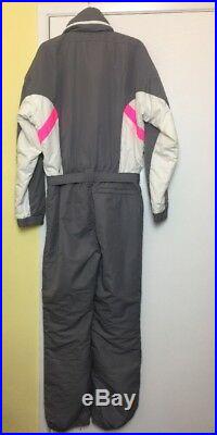 Vintage OBERMEYER Ski Snow Suit Belt Mens Size L Gray White Hot Pink Snowsuit