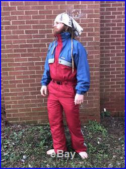 Vintage Red and Blue DESCENTE Mens LARGE One Piece SKI SUIT Snow Bib with Hood