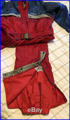 Vintage Red and Blue DESCENTE Mens LARGE One Piece SKI SUIT Snow Bib with Hood
