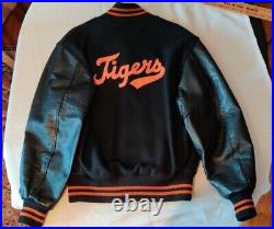 Vintage Varsity Football Letterman Lined Jacket Sz. 40 Wool Leather Orange Black