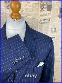 Vintage bespoke chalk stripe royal navy blue three button suit size 42