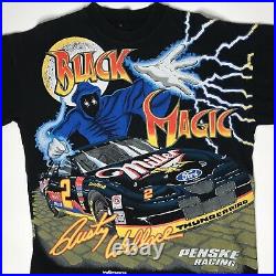 Vtg 1990s Rusty Wallace Black Magic Nascar Tshirt Mens Xl Allover Print Rap Tee