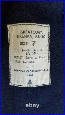 Vtg 50s British NFS National Fire Service Overcoat Greatcoat Navy Wool Coat M/L