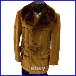 Vtg 70's Cortefiel Brown Corduroy Car Coat NORFOLK Mouton Collar Winter Jacket S