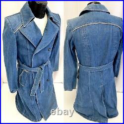 Vtg 80's Chess King Blue Jean TRENCH Coat DENIM Double Breasted Duster Jacket M