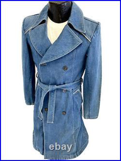 Vtg 80's Chess King Blue Jean TRENCH Coat DENIM Double Breasted Duster Jacket M