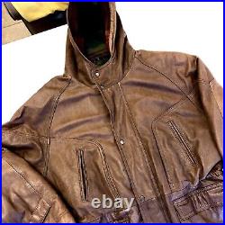 Vtg 80's IOU Brown Leather Lined Hooded BARNSTORMER Field Jacket FLIGHT Coat XL
