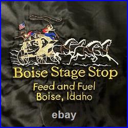 Vtg 80's SHINY Black SATIN Bomber Boise Stage Stop CATTLE DRIVE Rodeo Jacket M