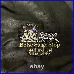 Vtg 80's SHINY Black SATIN Bomber Boise Stage Stop CATTLE DRIVE Rodeo Jacket M