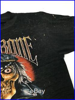 Vtg 80s 3d Emblem Bad To The Bone Skull T Shirt Large Double Sided Harley Hog