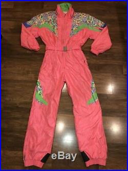 Vtg 80s 90s Hot Pink ASICS Mens SMALL One piece SKI SUIT Snow Bib neon Snowsuit