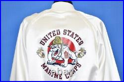 Vtg 80s UNITED STATES MARINE CORPS USMC BULLDOG WHITE SATIN SNAP UP JACKET XL