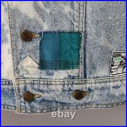 Vtg 90s Gasoline Jeans Distressed Denim Jacket Pop Collar Bleached Patched Med