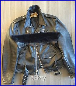 Vtg Early 70s Schott Perfecto 618 Black Motorcycle Jacket Steerhide + Fur collar