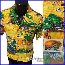 Vtg Kennington California Yellow Hawaiian ISLAND SAVAGES Surfer Rayon Shirt M