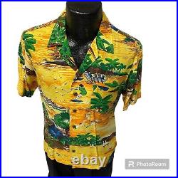 Vtg Kennington California Yellow Hawaiian ISLAND SAVAGES Surfer Rayon Shirt M