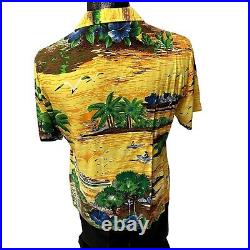 Vtg Kennington California Yellow Hawaiian ISLAND SAVAGES Surfer Rayon Shirt M