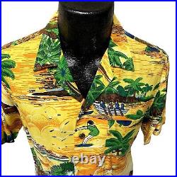 Vtg Kennington California Yellow Hawaiian ISLAND SAVAGES Surfer Rayon Shirt M