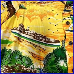 Vtg Kennington California Yellow Hawaiian ISLAND SAVAGES Surfer Rayon Shirt M