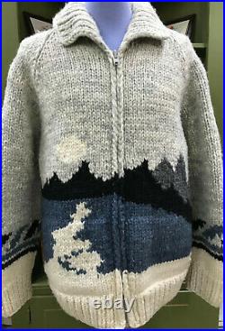 Vtg Longhouse Canada Zip Up Cowichan Wool Cardigan Sweater Mountain Scene Large