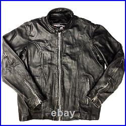 Vtg Mega Force Black DISTRESSED Heavy Leather Jacket Motorcycle Biker Coat 46