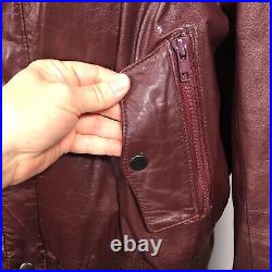 Vtg Men Burgundy Leather Biker Jacket Motorcycle Hooded CAFE RACER MoTo Coat 44